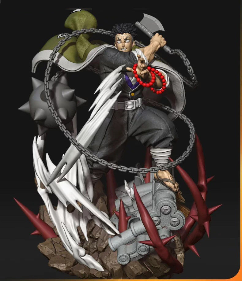 Statue of a character with weapons and chains on a dark background