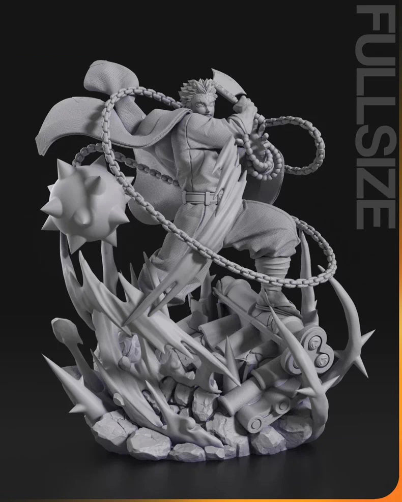 Gray scale figurine with intricate details on a black background