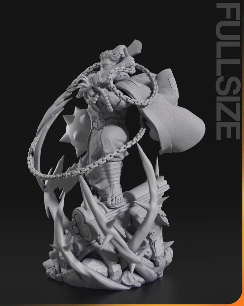 Stylized figure with chains and a hat on a black background