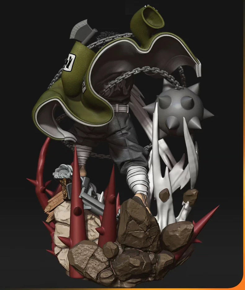 Illustration of a character with a large hat and armor, surrounded by rocks and red elements on a dark background.