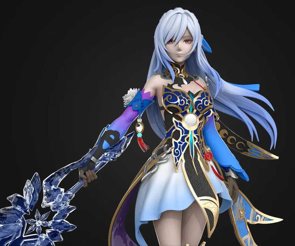 Animated character with blue hair and elaborate outfit holding a crystal weapon on a black background