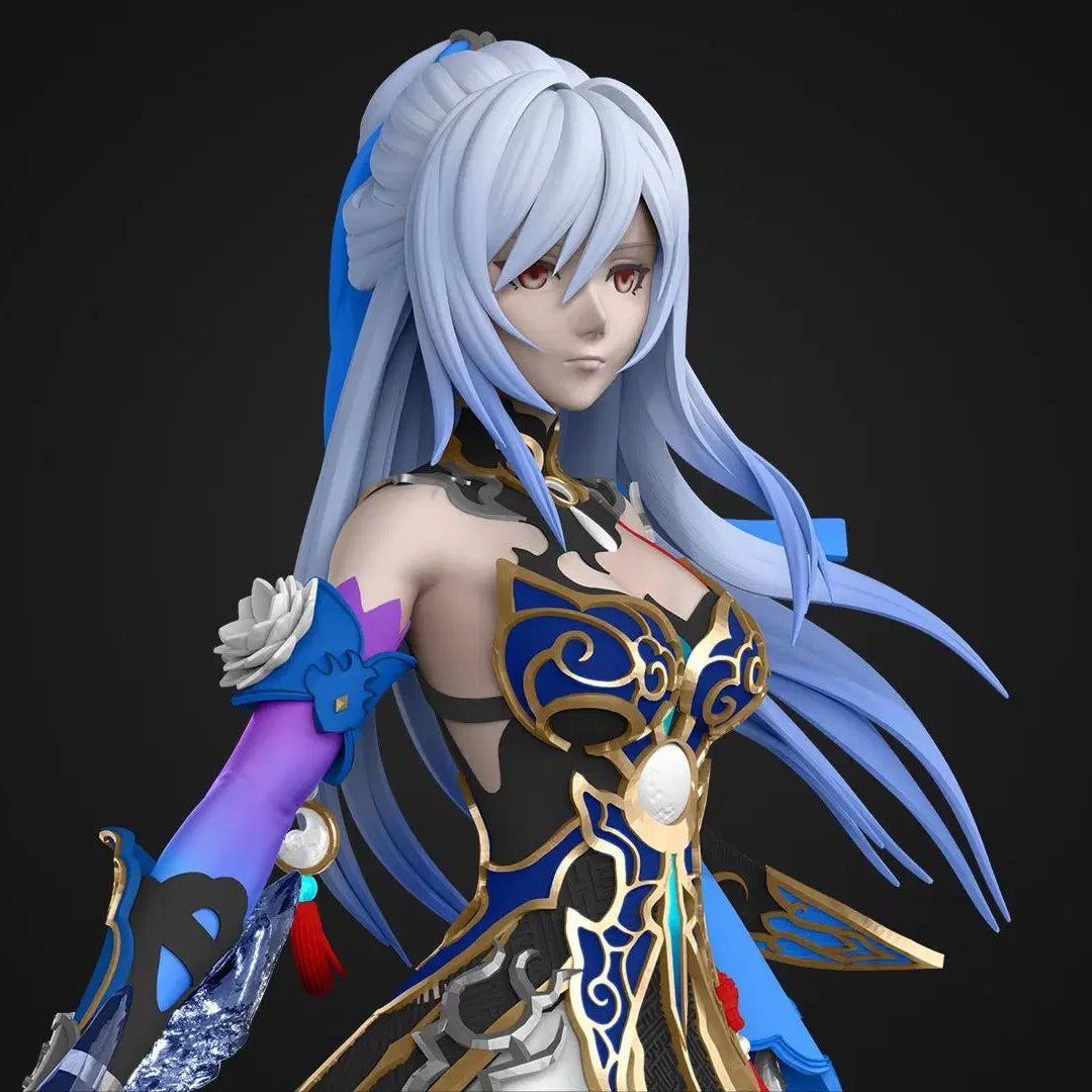 Animated character with blue hair and elaborate outfit on a black background