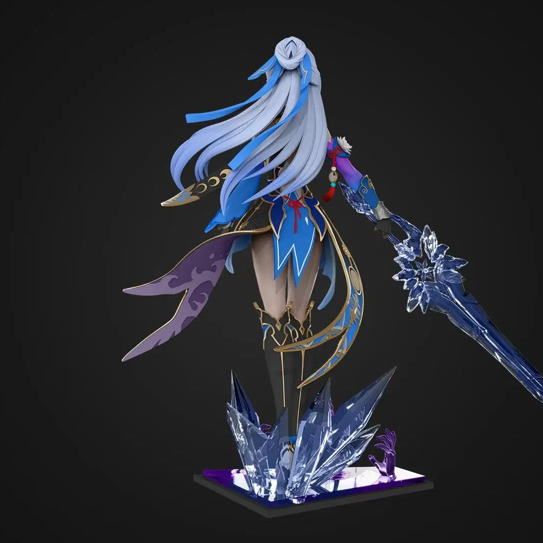 Animated character with blue hair and a sword on a black background