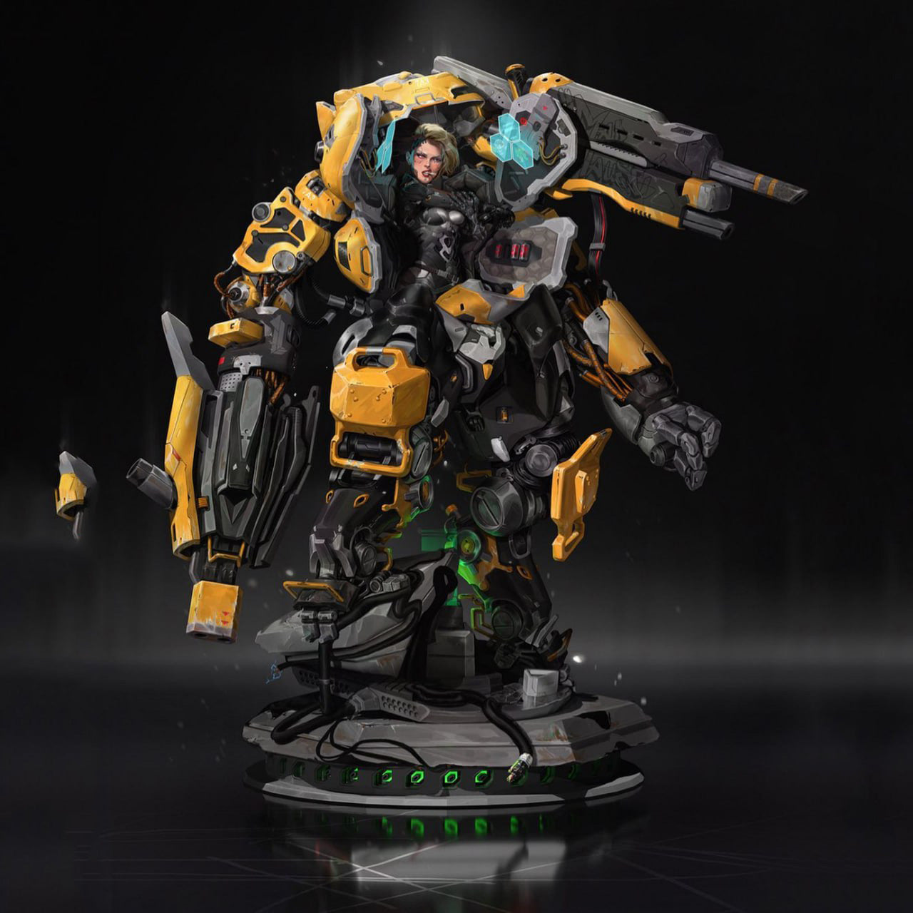 Mechanical robot figure on a dark background