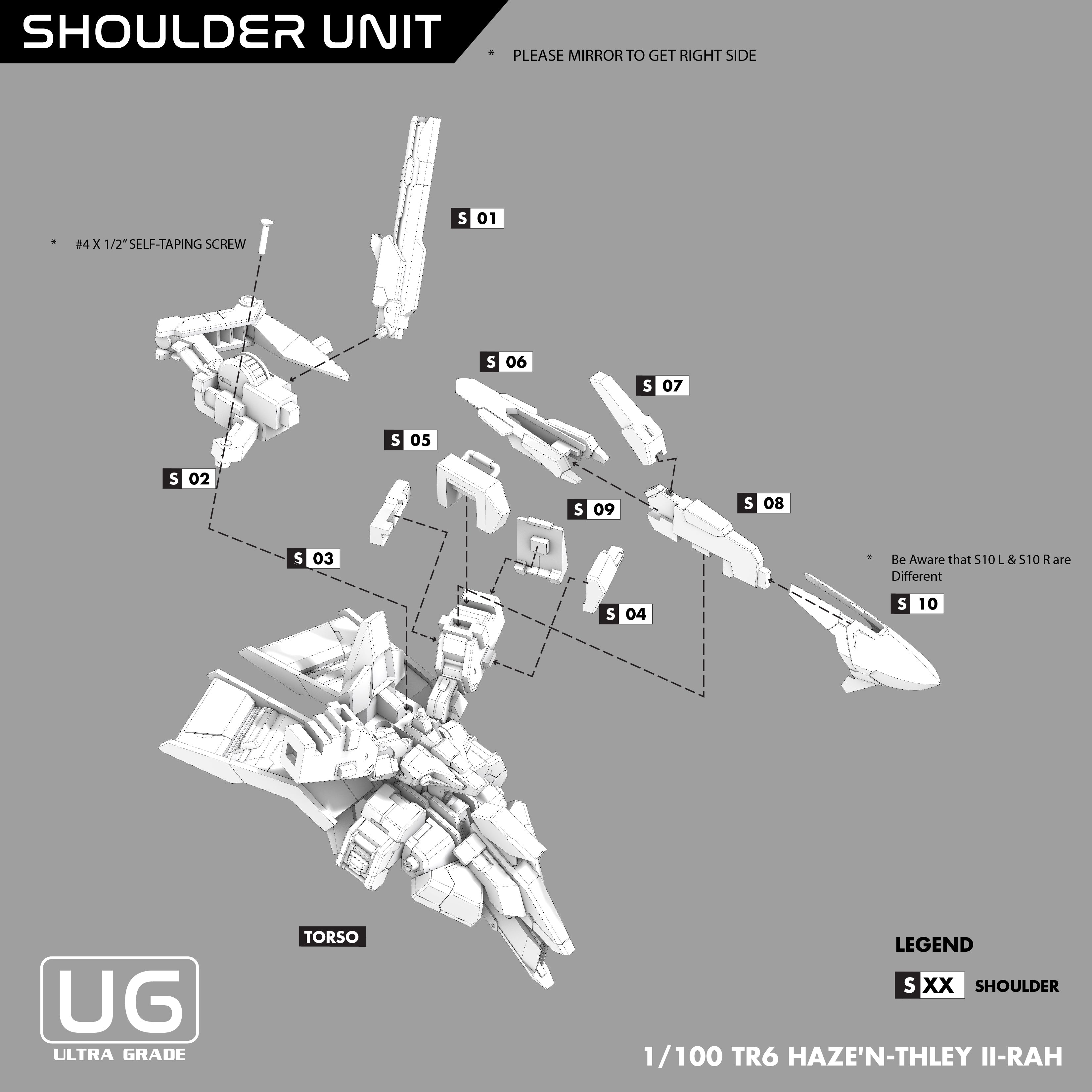 Diagram of a shoulder unit assembly for a model kit on a gray background