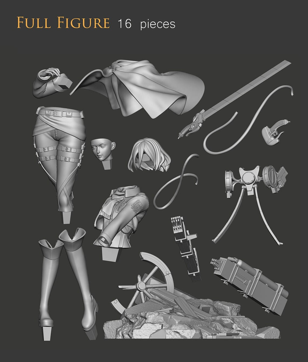 Gray-scale figure assembly kit with various parts on a dark background