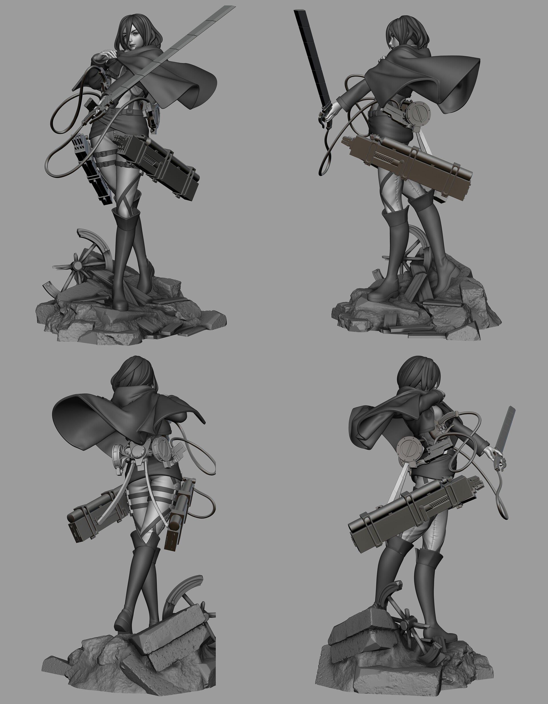 Four views of a figurine with weapons on a gray background, featuring the 'Nom Nom Figures' logo.