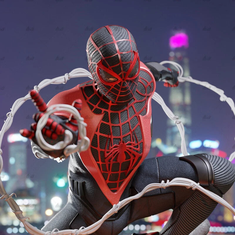 Spider-Man figure in a red and black suit with a cityscape background