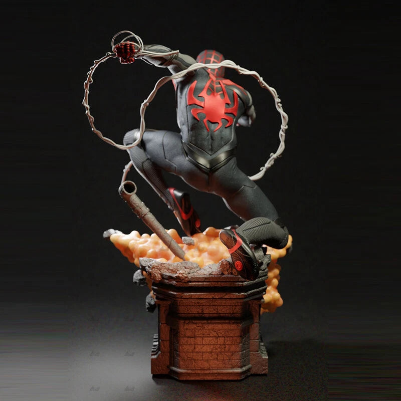 Spider-Man figure in a dynamic pose with webbing on a dark background