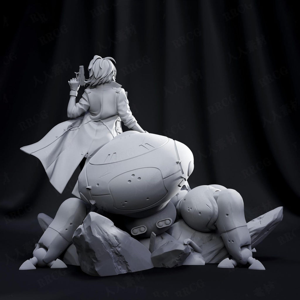 Statue of a person in a coat sitting next to a robot on a dark background