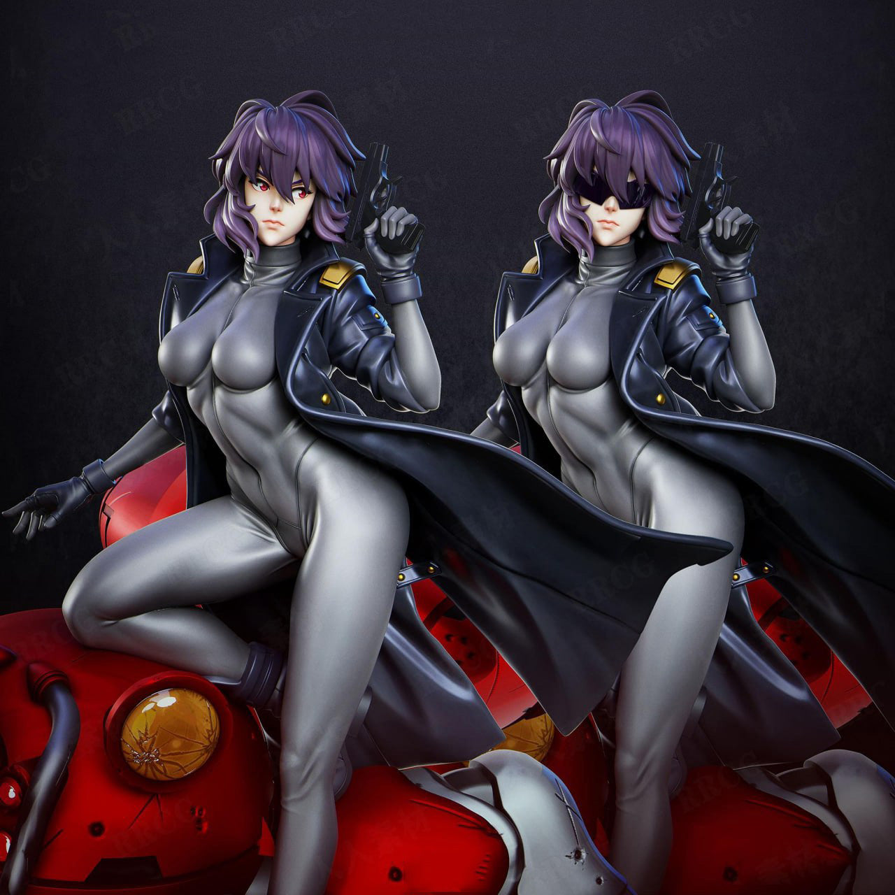 Two identical figurines of a character with purple hair and a black cape on a dark background.