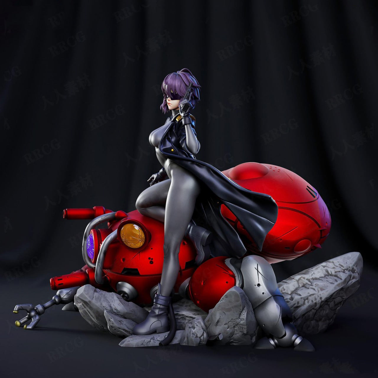 Figure of a character on a red motorcycle with a dark background