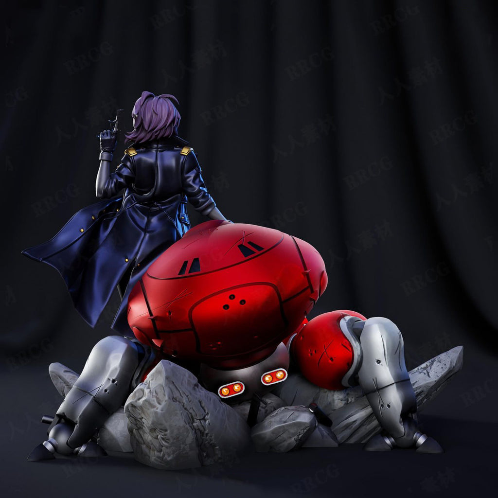 Animated character with purple hair sitting on a red robot against a dark background