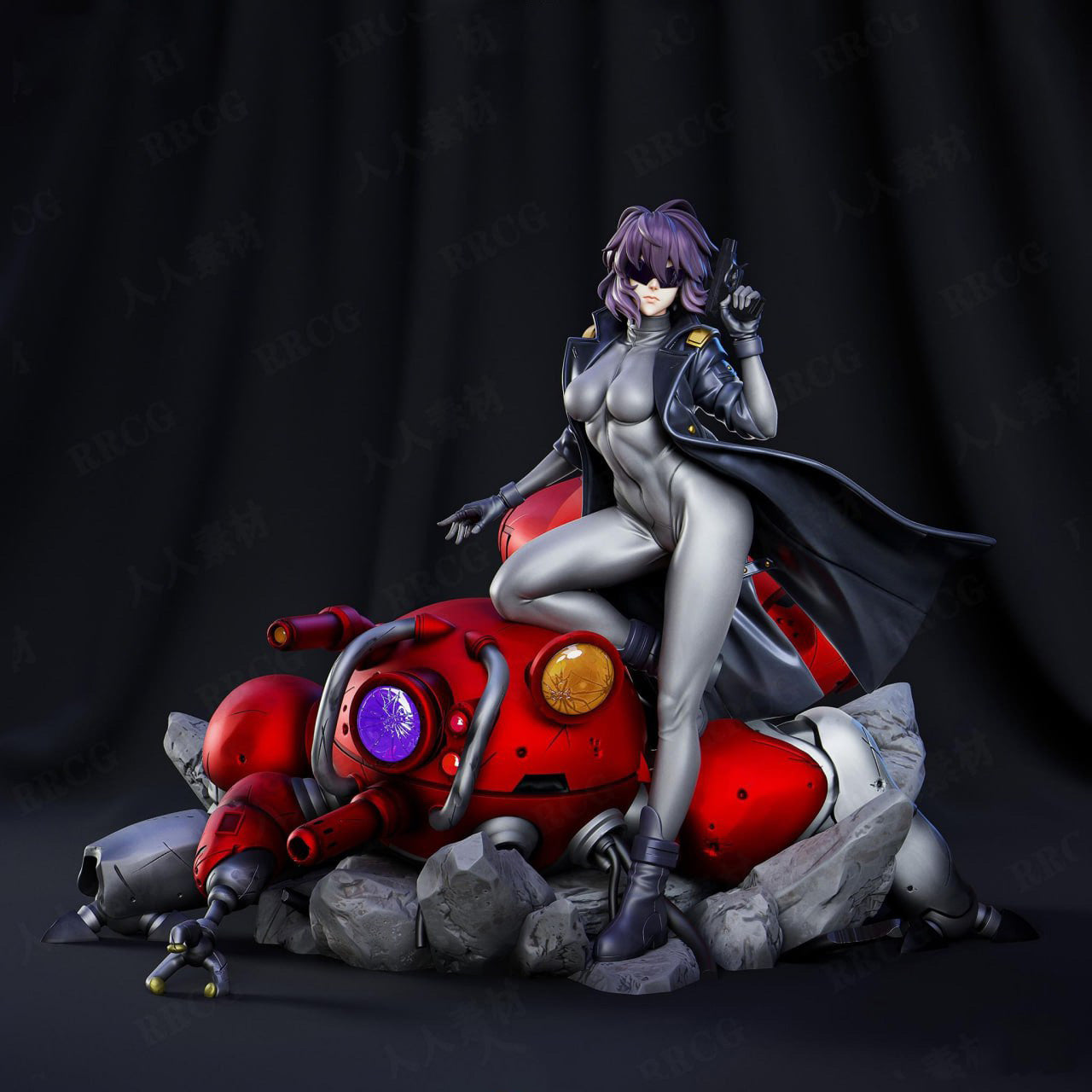 Figurine of a character with purple hair and a cape sitting on a red motorcycle against a black background
