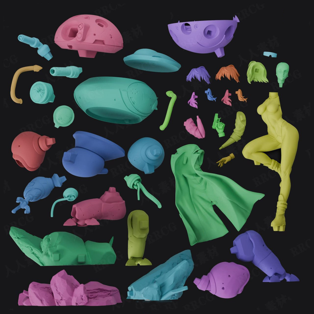 Colorful plastic toys on a black background