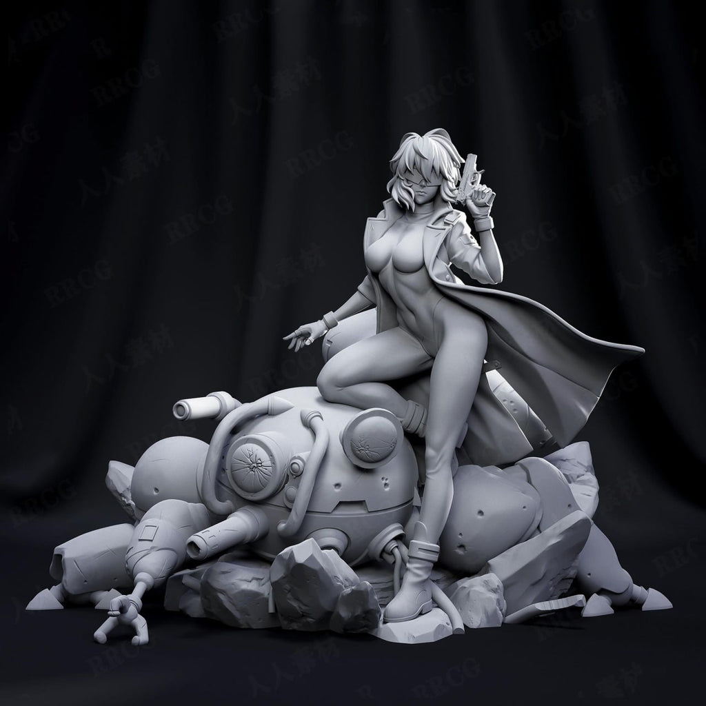 Statue of a character with a robot-like creature on a dark background