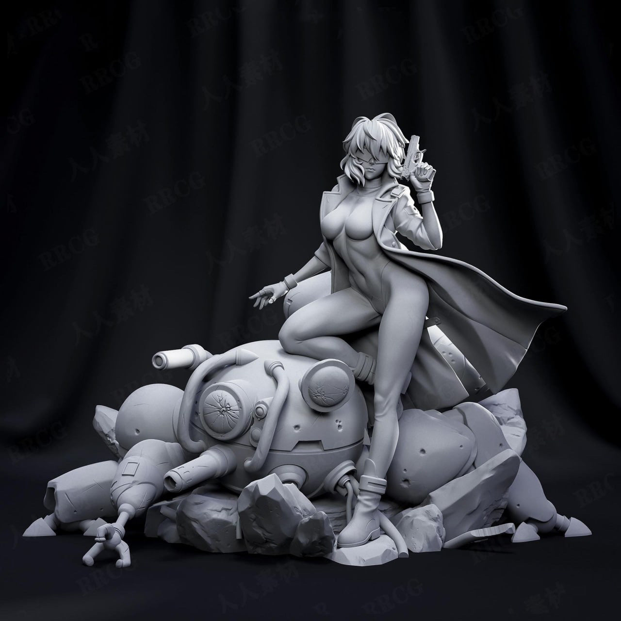 Statue of a character with a robot-like creature on a dark background