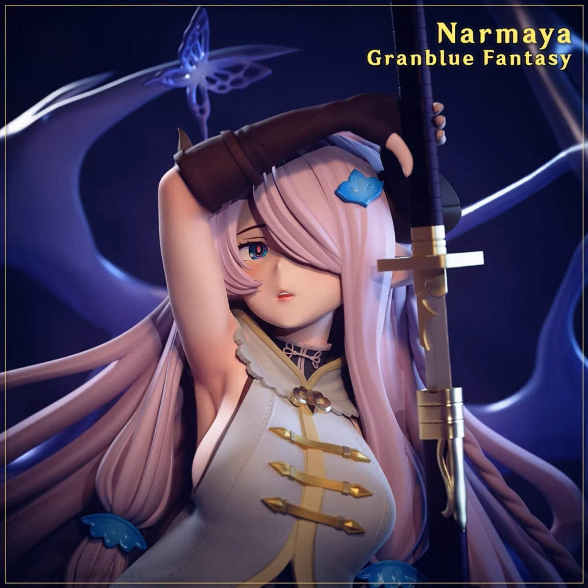 Character from Granblue Fantasy with a sword against a dark background