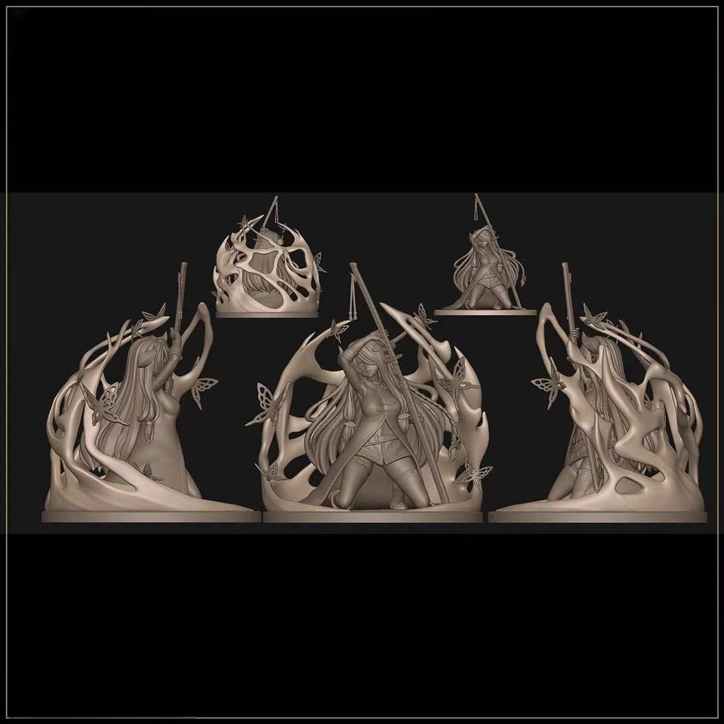 Set of four ornate figurines on a black background