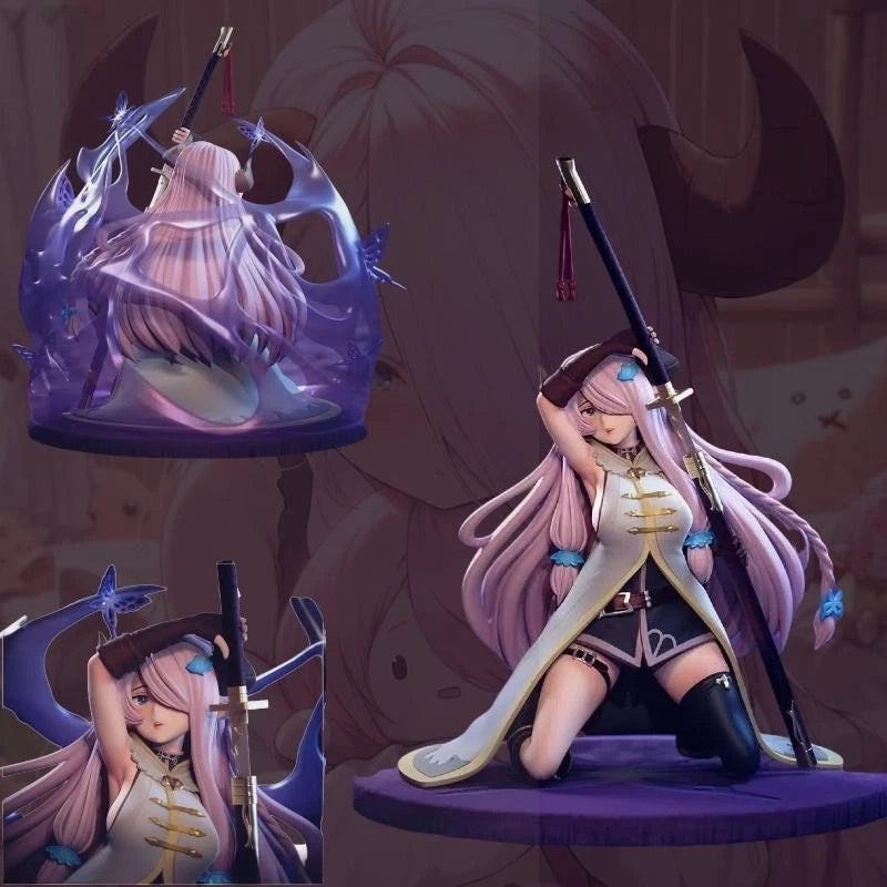 Anime-style character with long pink hair and a sword in a dark, mystical setting