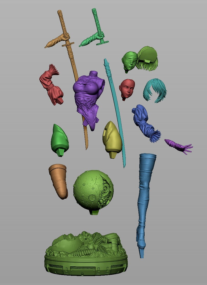 A 3D-rendered set of fantasy miniature or model parts arranged on a plain gray background, including a green base, a blue staff, a green orb, a purple torso piece, multiple heads/hair pieces, and other accessories in green, blue, purple, red, and tan.