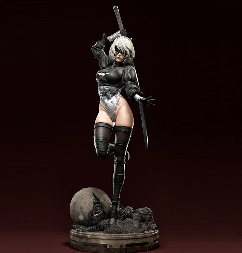 A detailed collectible statue of a female anime character in a black and silver outfit, holding a sword, posed on a dark round base with a skull and debris against a dark brown gradient background.