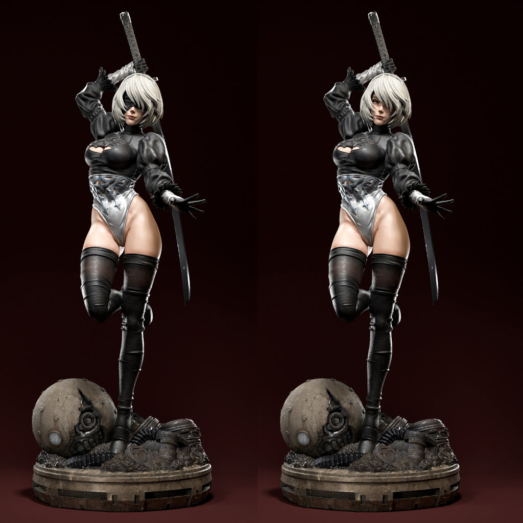 A dual-view render of a female anime-style collectible statue standing on a circular base with a skull and debris. She has short white hair, a black bodysuit with metallic silver accents, thigh-high black boots, and holds swords over her shoulders against a dark reddish-brown background.