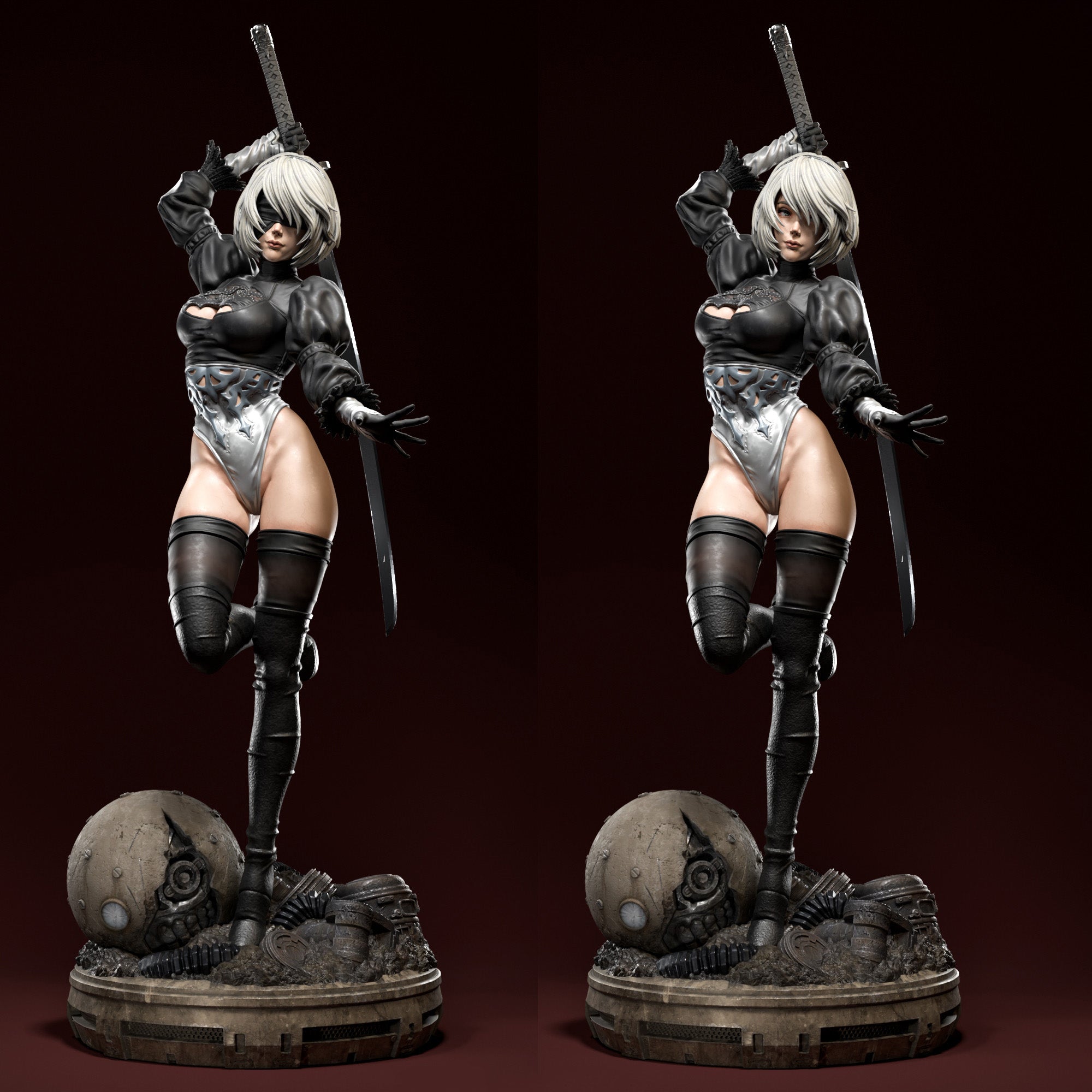 A dual-view render of a female anime-style collectible statue standing on a circular base with a skull and debris. She has short white hair, a black bodysuit with metallic silver accents, thigh-high black boots, and holds swords over her shoulders against a dark reddish-brown background.