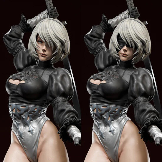 A 3D-rendered female character shown twice side by side, wearing a black and silver bodysuit with a black eye patch and holding swords behind her shoulders, against a dark reddish-brown background.