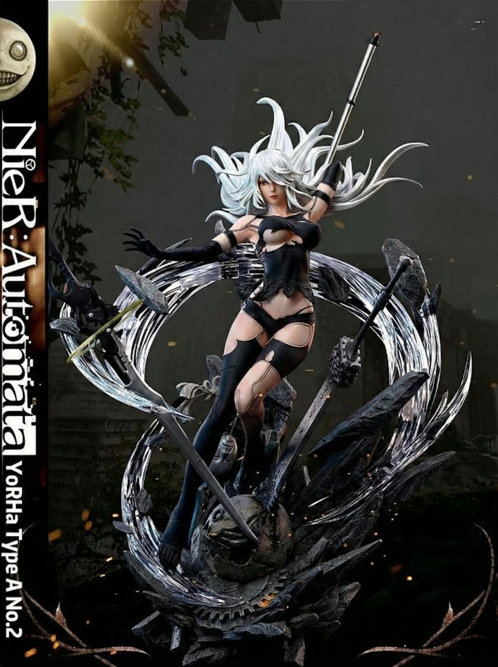 Statue of a character with white hair and black outfit on a dark background