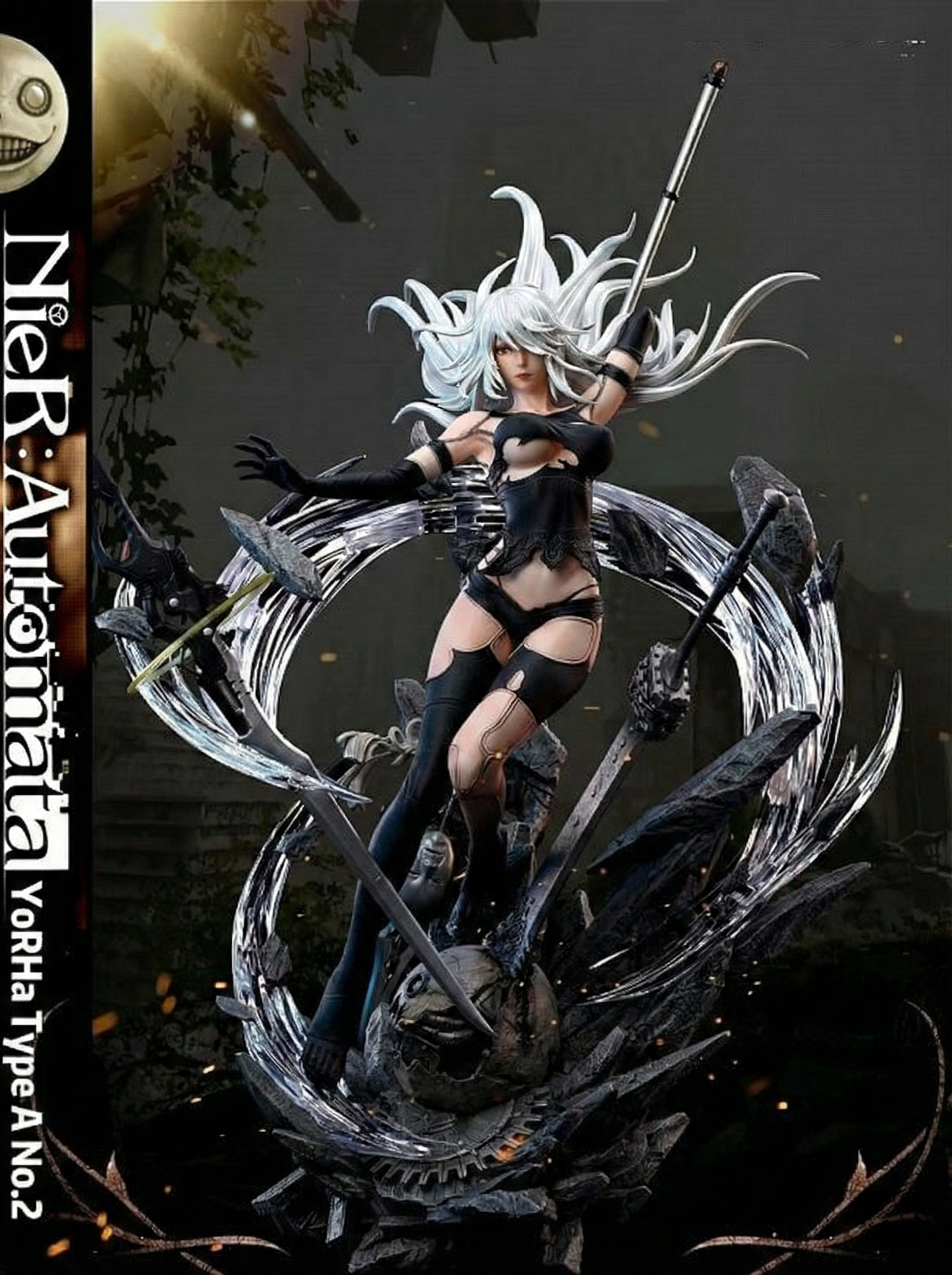 Statue of a character with white hair and black outfit on a dark background