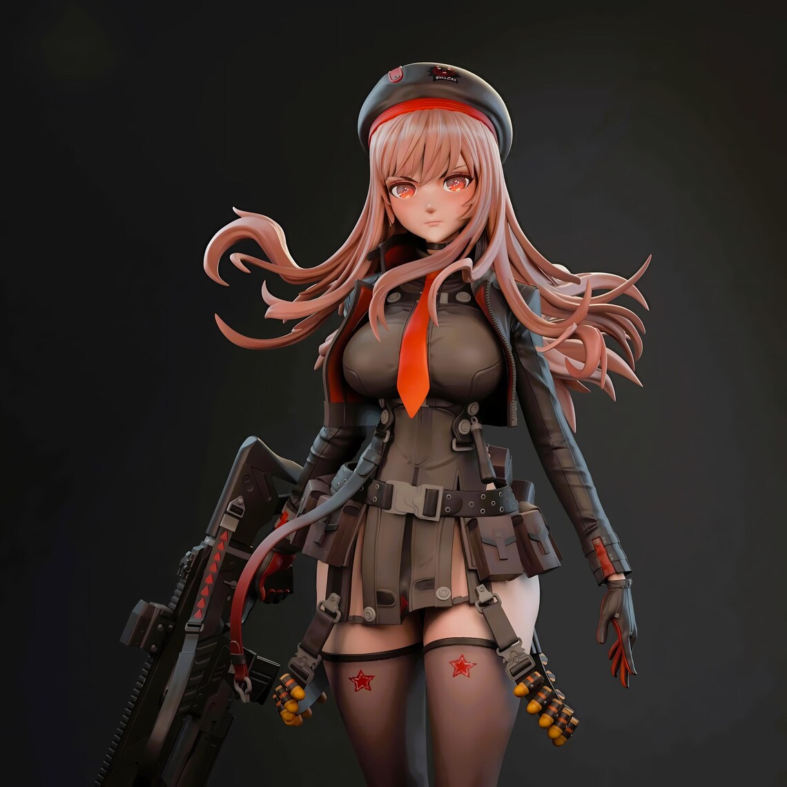 Character figurine with long pink hair and tactical outfit on a dark background
