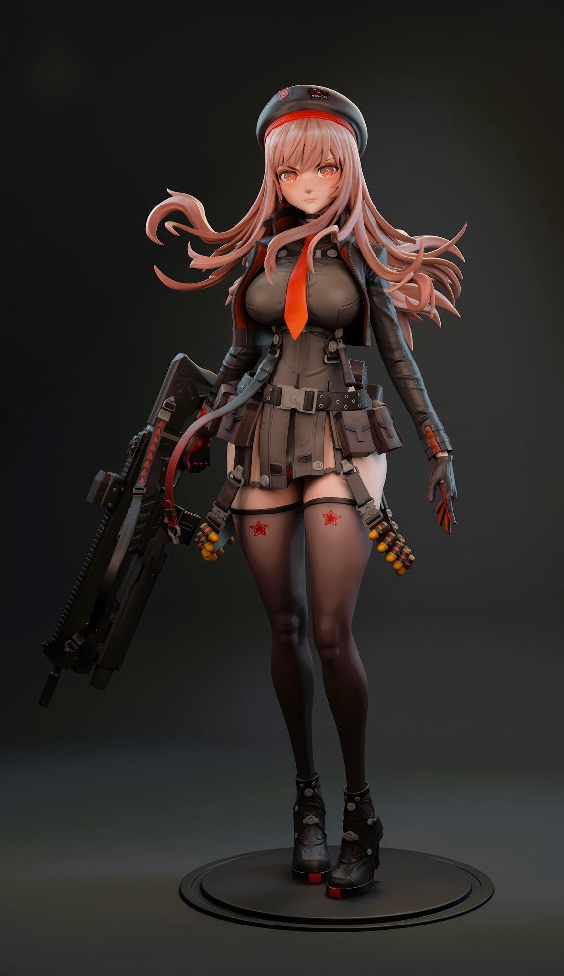 Figurine of a character with pink hair and tactical gear on a dark background