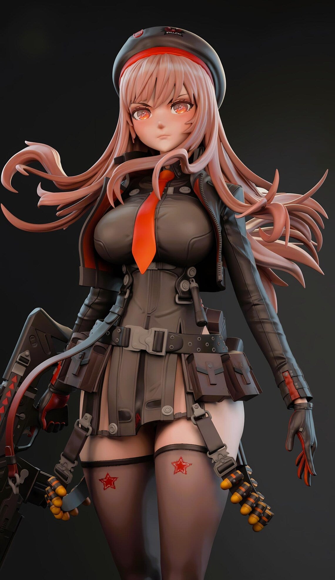 Character model in a detailed outfit with a dark background