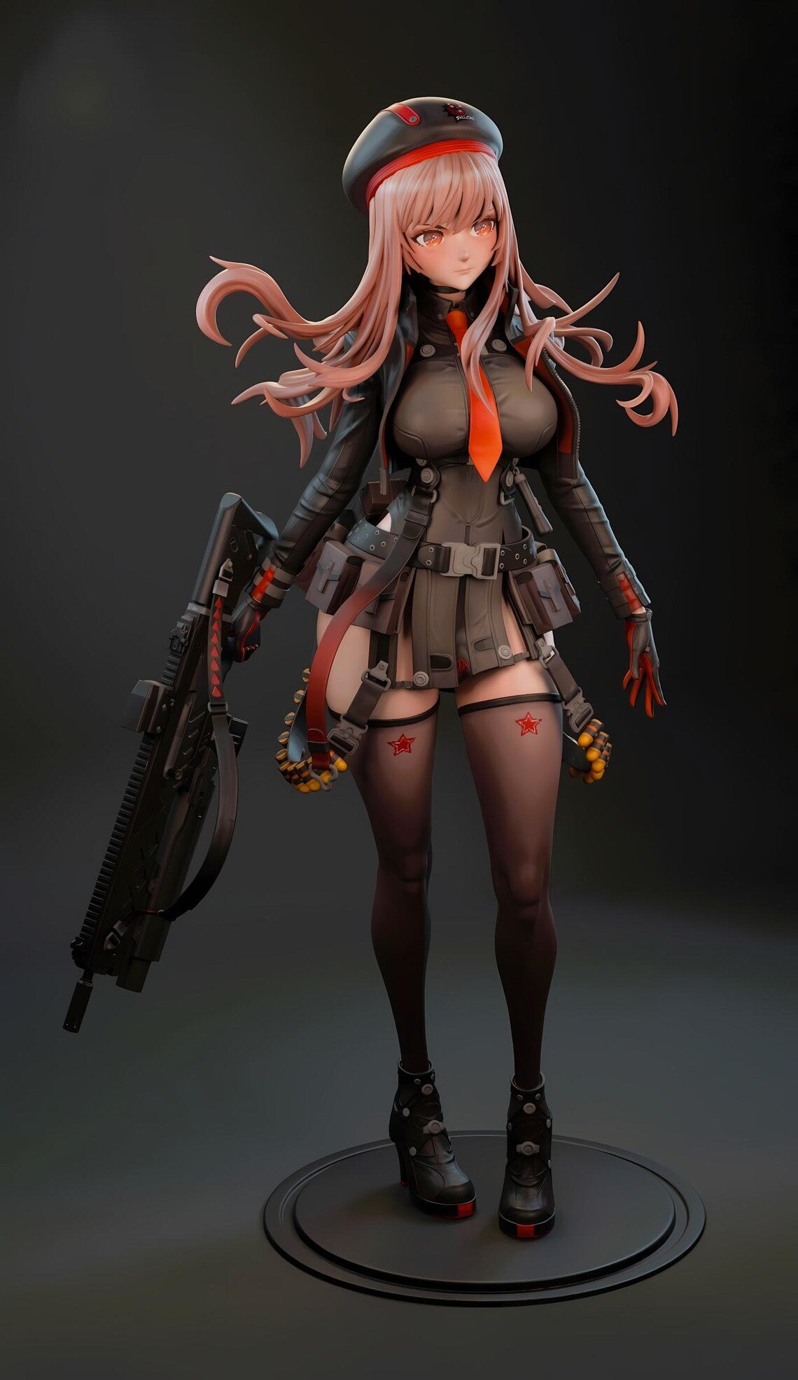 Figurine of a character in military-style outfit with pink hair and orange scarf on a dark background