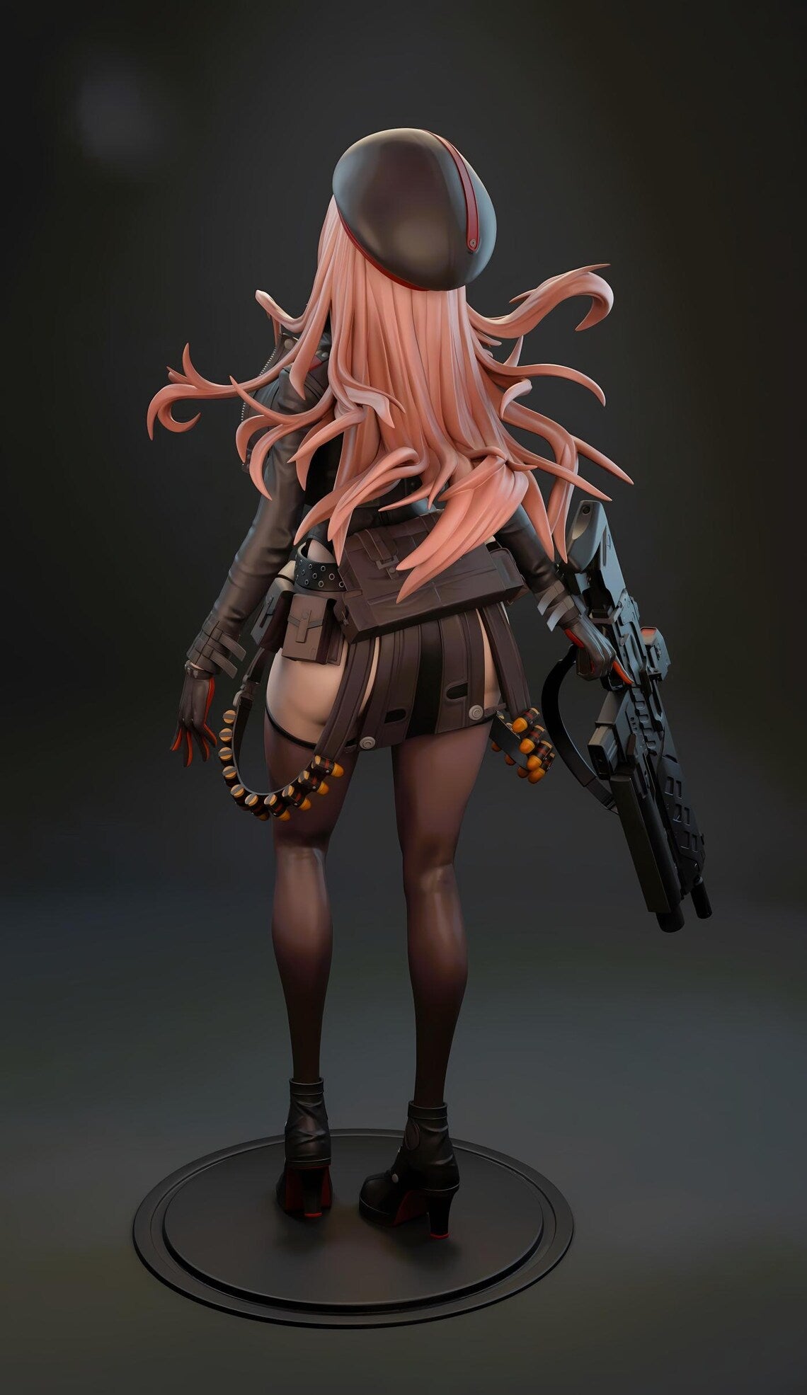 Figurine of a character with pink hair and futuristic outfit on a dark background