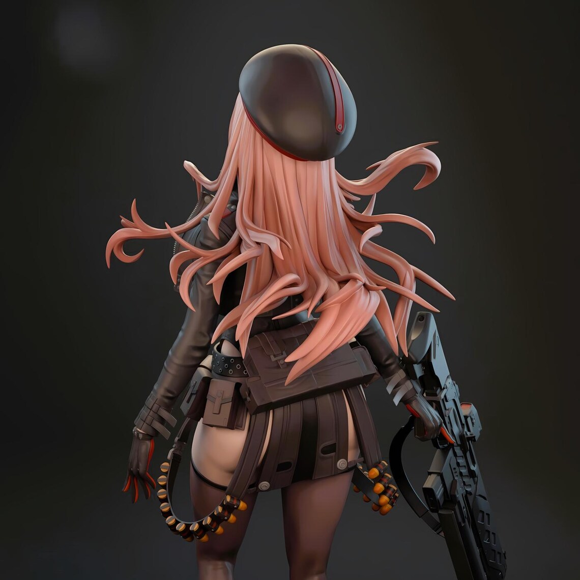 Character with long pink hair and a weapon on a dark background
