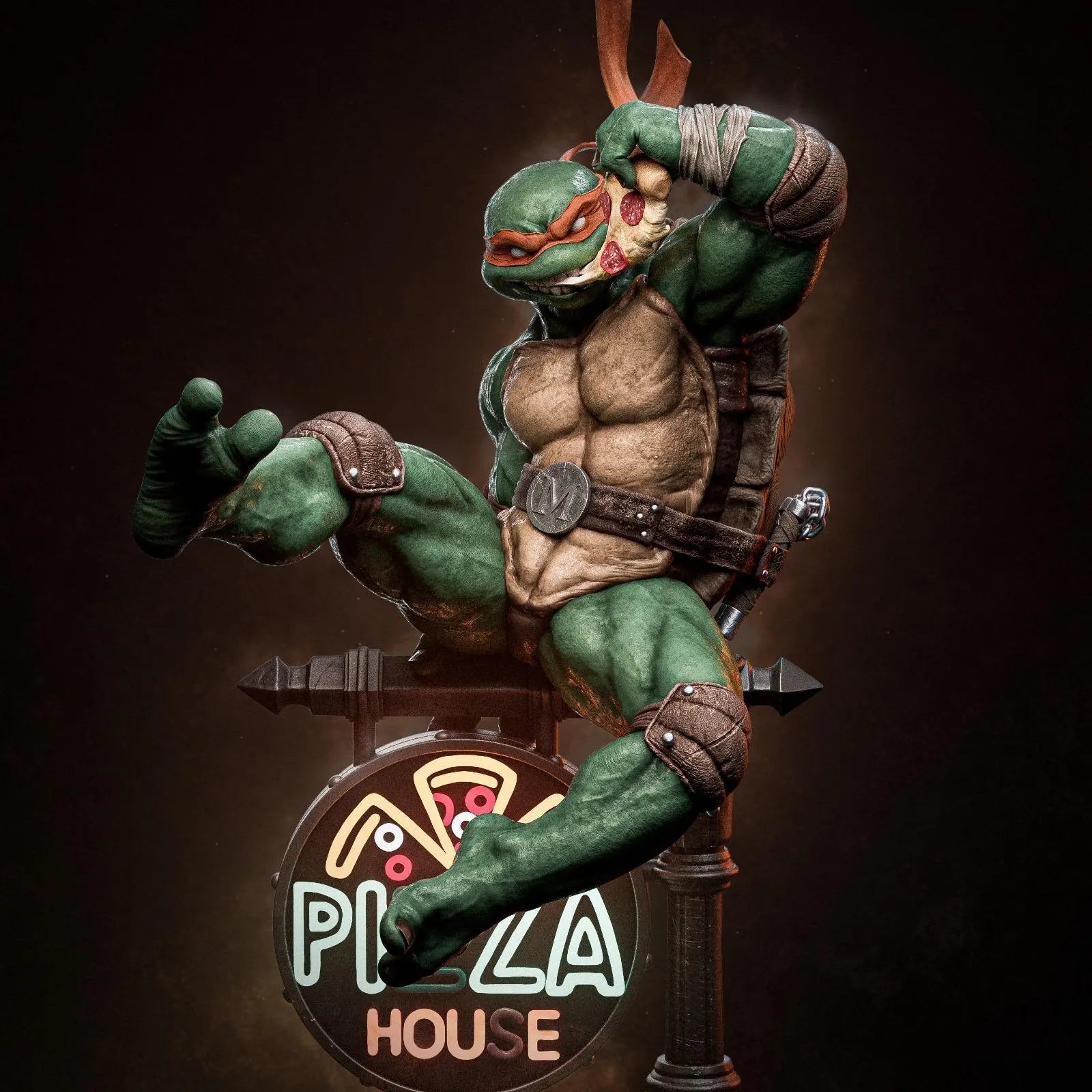 Animated character in a dynamic pose with a 'Pizza House' logo in the background