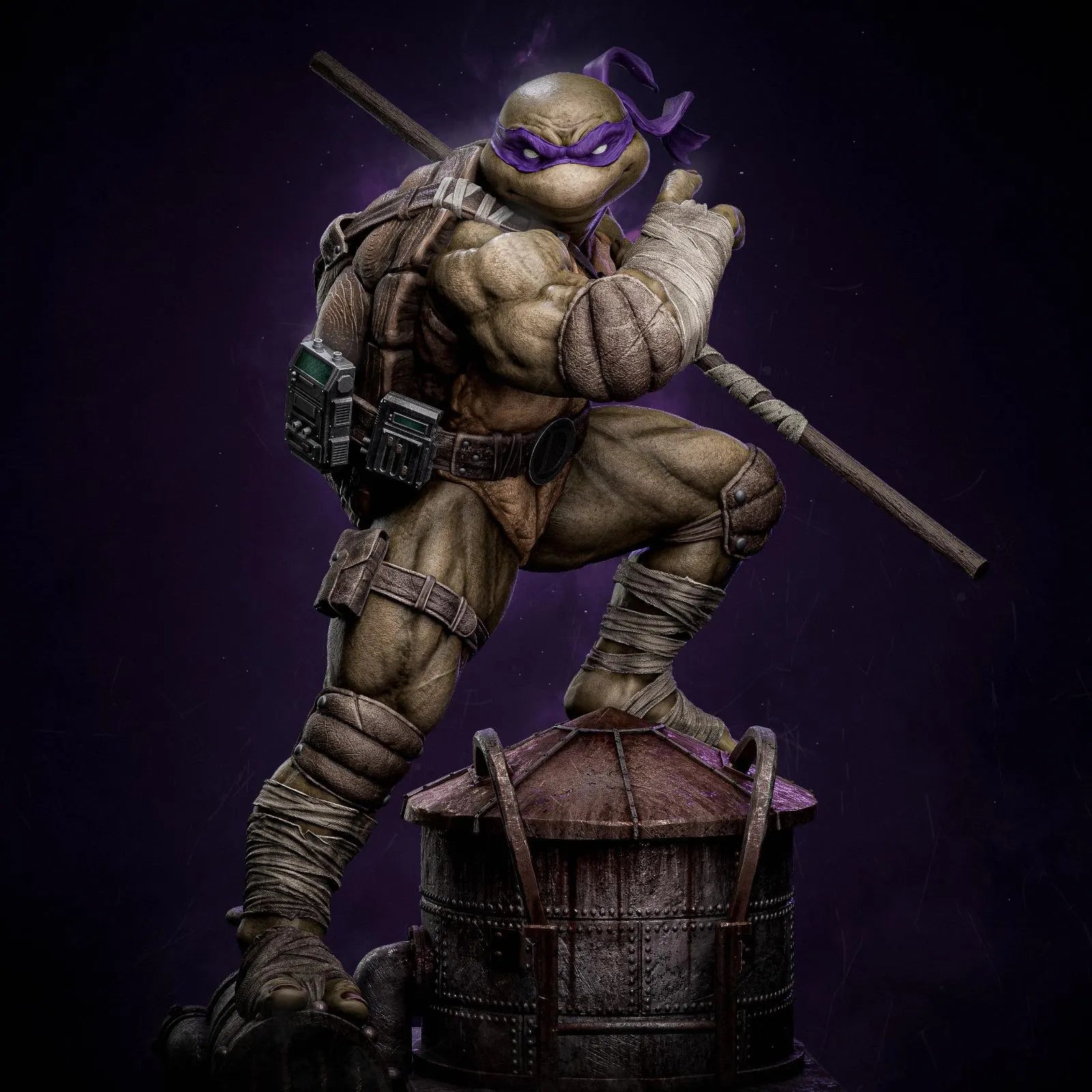 Statue of a turtle-like character with purple mask on a dark background