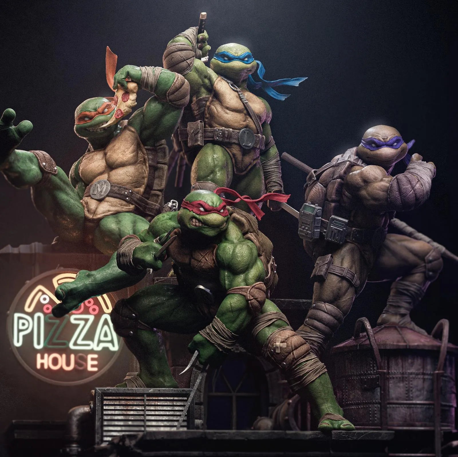 Four Teenage Mutant Ninja Turtles statues in front of a Pizza Hut sign.
