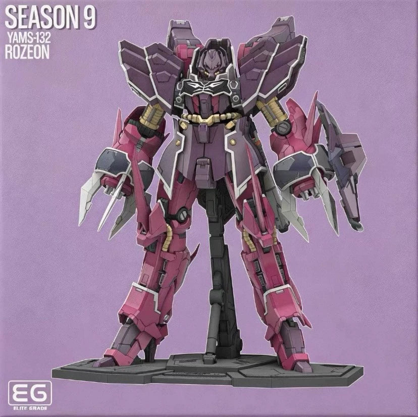 A boxed or printed collectible-style display featuring the anime mecha unit YAMS-132 ROZEON from Season 9, shown standing on a display base against a solid lavender background. The text 'SEASON 9', 'YAMS-132', and 'ROZEON' appears at top left, and an 'EG ELITE GRADE' mark appears at bottom left.