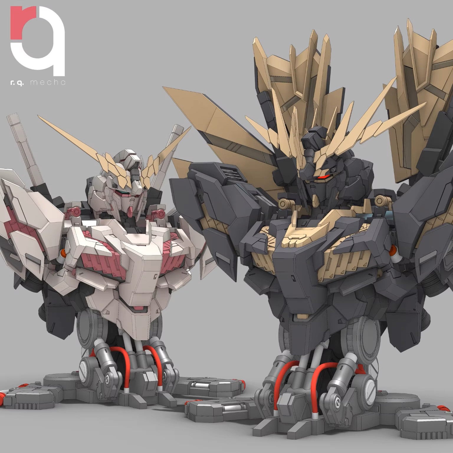 Two robot models, one gray and white, the other black and gold, on a gray background.