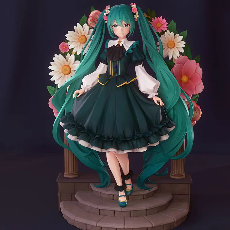 Figurine of a character with long teal hair and a dark green dress, surrounded by flowers on a dark background.