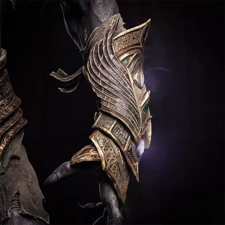 Decorative arm guard with intricate patterns on a dark background