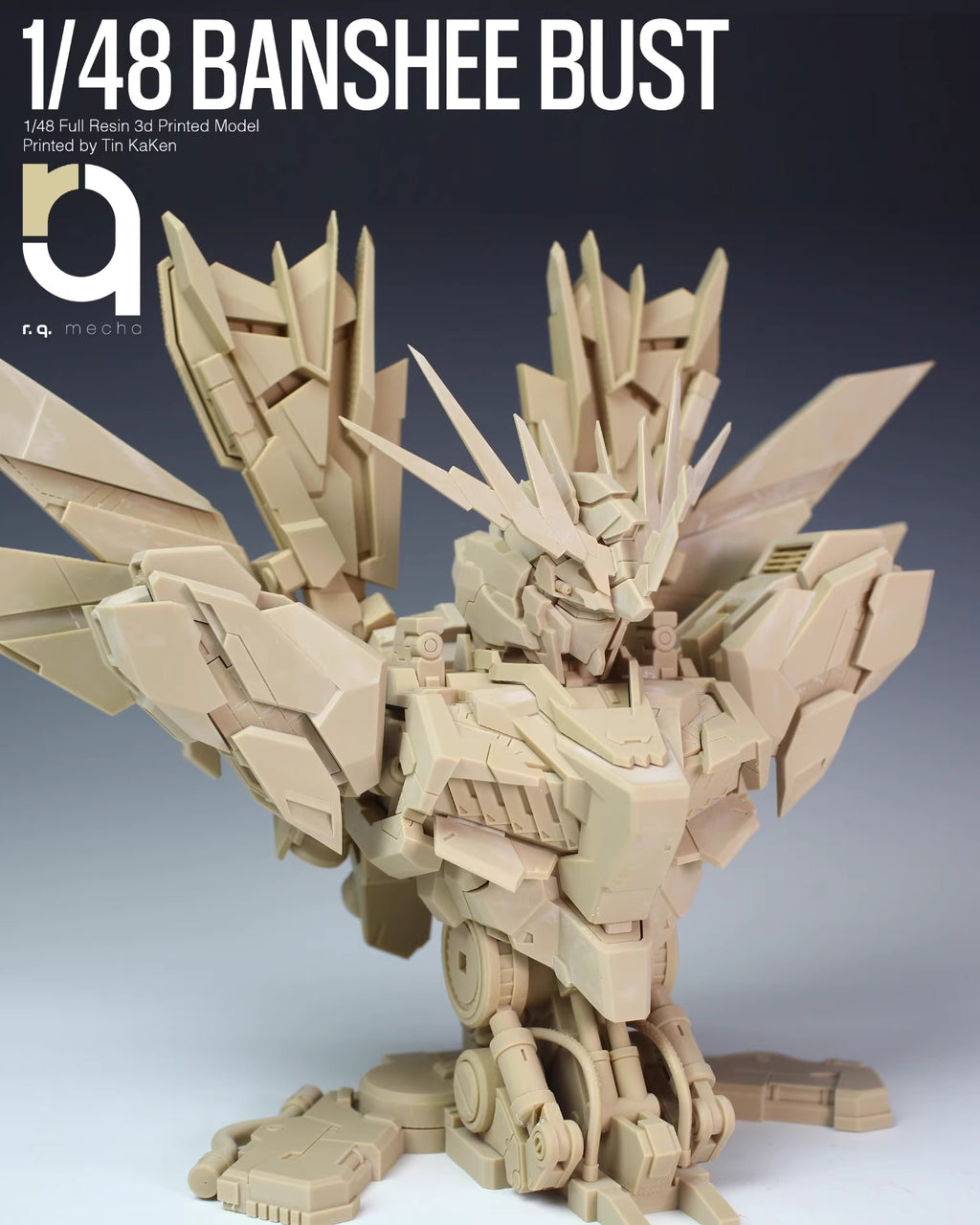 1/48 scale Banshee bust model with 'q+ mechanic' branding on a gray background