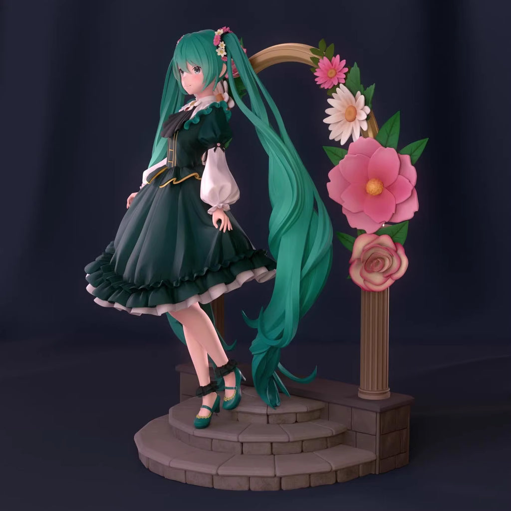 Figurine of Hatsune Miku with long teal hair and green dress standing next to a floral arch on a dark background