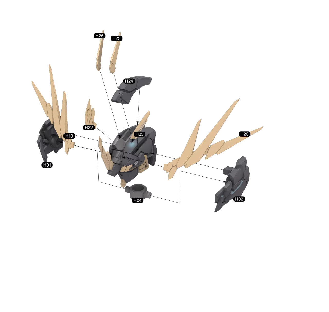 Set of toy parts with labeled components on a white background