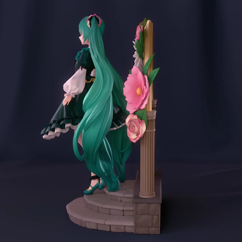 Hatsune Miku  figurine with long green hair and floral decorations on a dark background