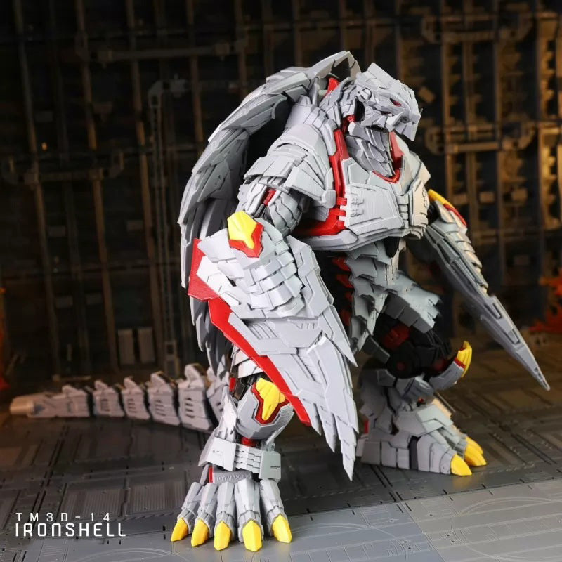 A highly detailed, assembled mecha toy model named Ironshell TM30-14, featuring a gray and white armored body with red accents and yellow claw tips, posed in a dark industrial setting.