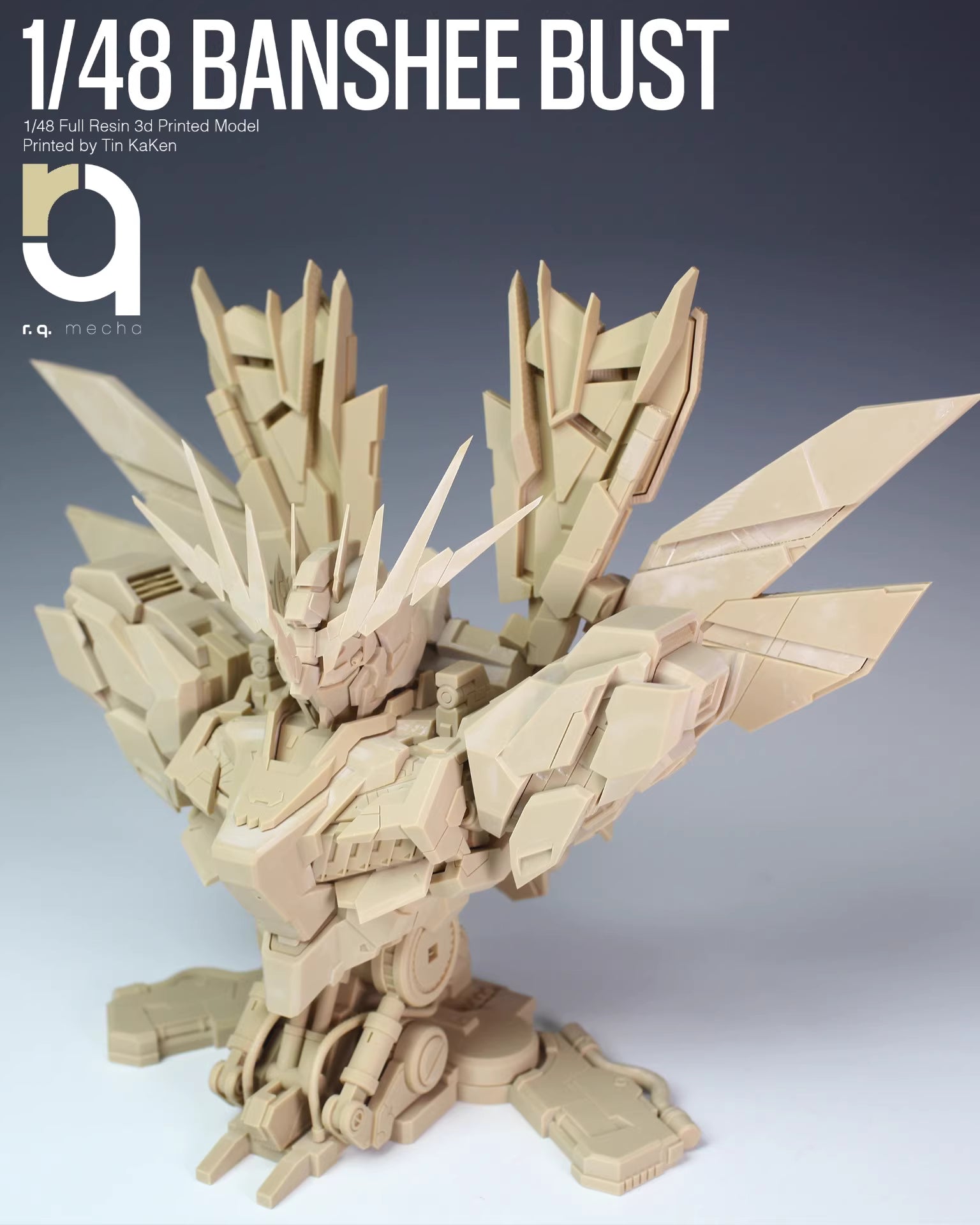 Model kit of a 'Banshee Bust' with text indicating scale and brand on a gray background